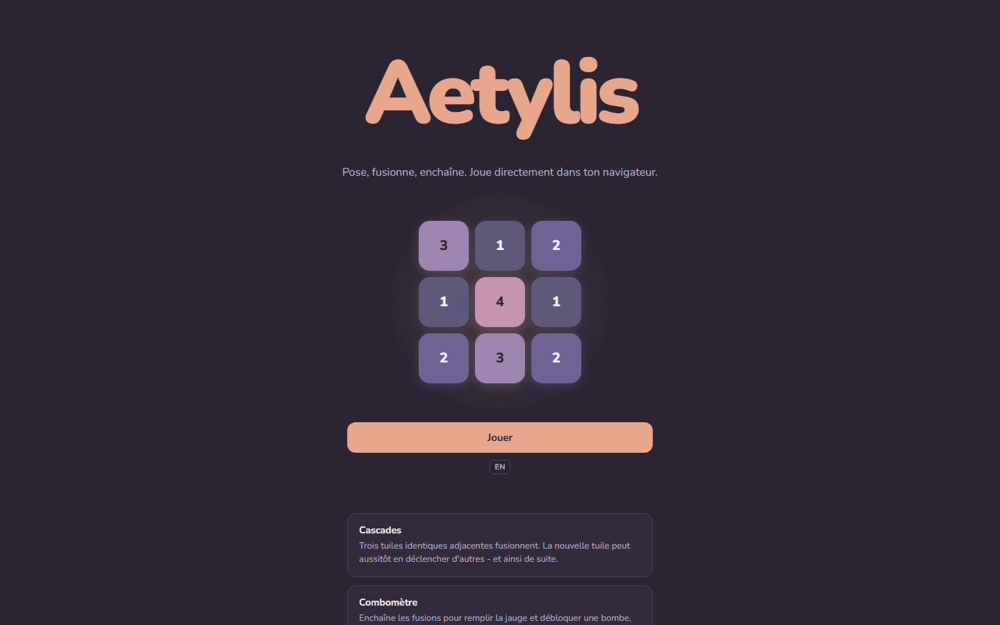 Écran d'accueil du jeu Aetylis avec une grille de tuiles numérotées