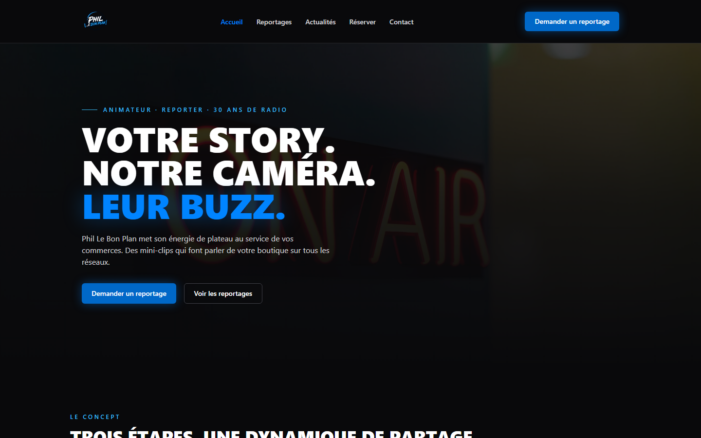 Page d'accueil du site Phil Le Bon Plan : « Votre story. Notre caméra. Leur buzz. »